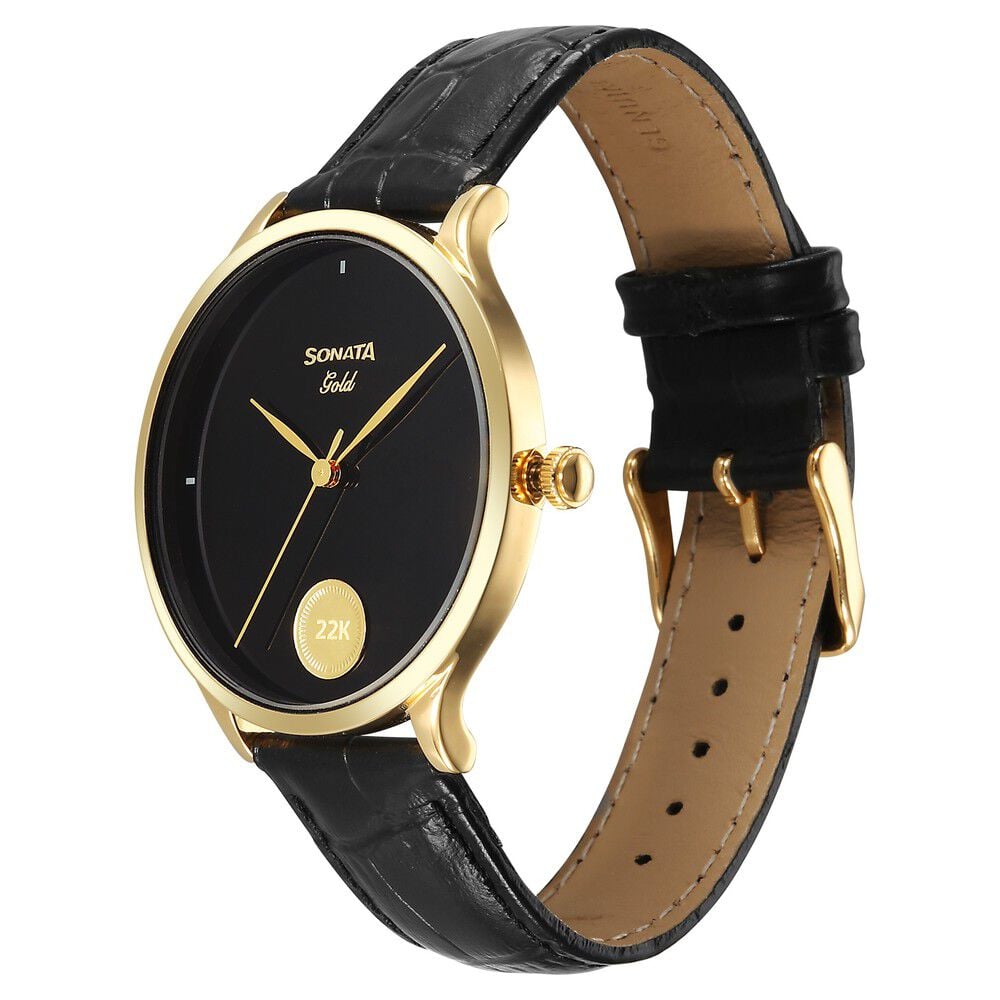 Sonata Gold Quartz Analog Watch for Men with Black Dial Leather Strap With An Eye-Catching Gold Coin on Dial