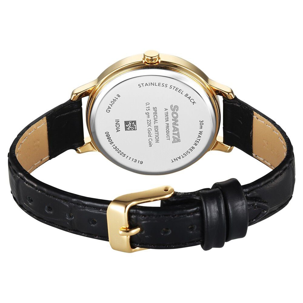 Sonata Gold Quartz Analog Watch for Women with Black Dial Leather Strap With An Eye-Catching Gold Coin on Dial