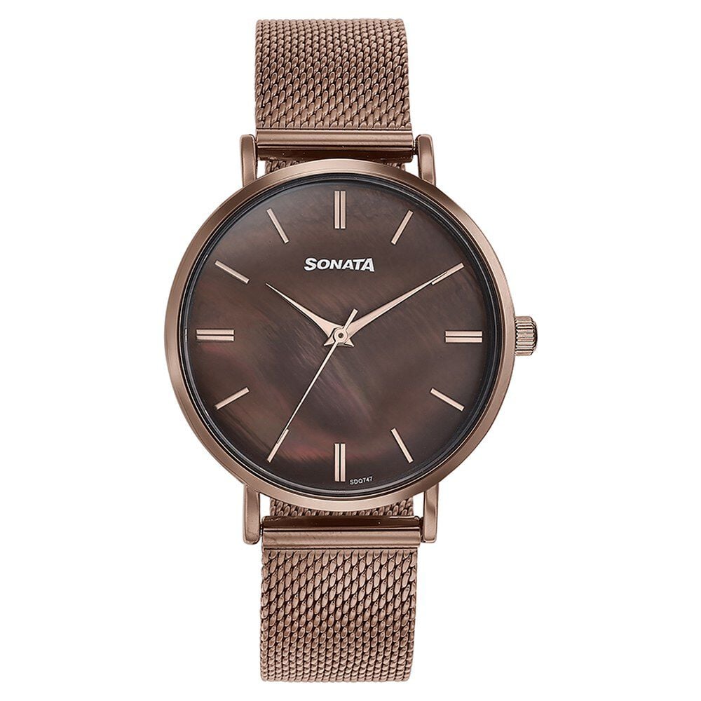 Sonata Quartz Analog Brown Dial Brown Stainless Steel Strap Watch For Women