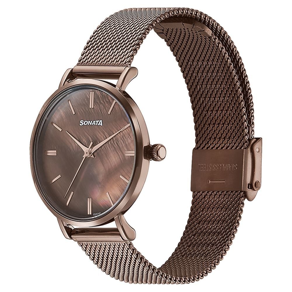 Sonata Quartz Analog Brown Dial Brown Stainless Steel Strap Watch For Women