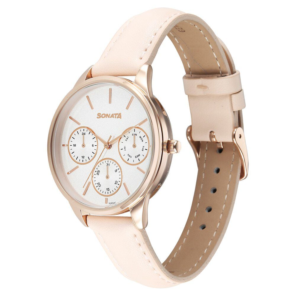 Sonata Eternia Quartz Multifunction Silver Dial Leather Strap Watch For Women