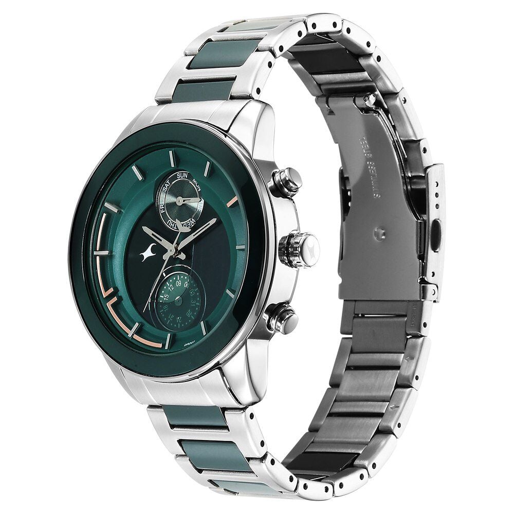 Fastrack Oceanyx - Ceramic Quartz Multifunction Green Dial Two Toned Strap Watch For Guys