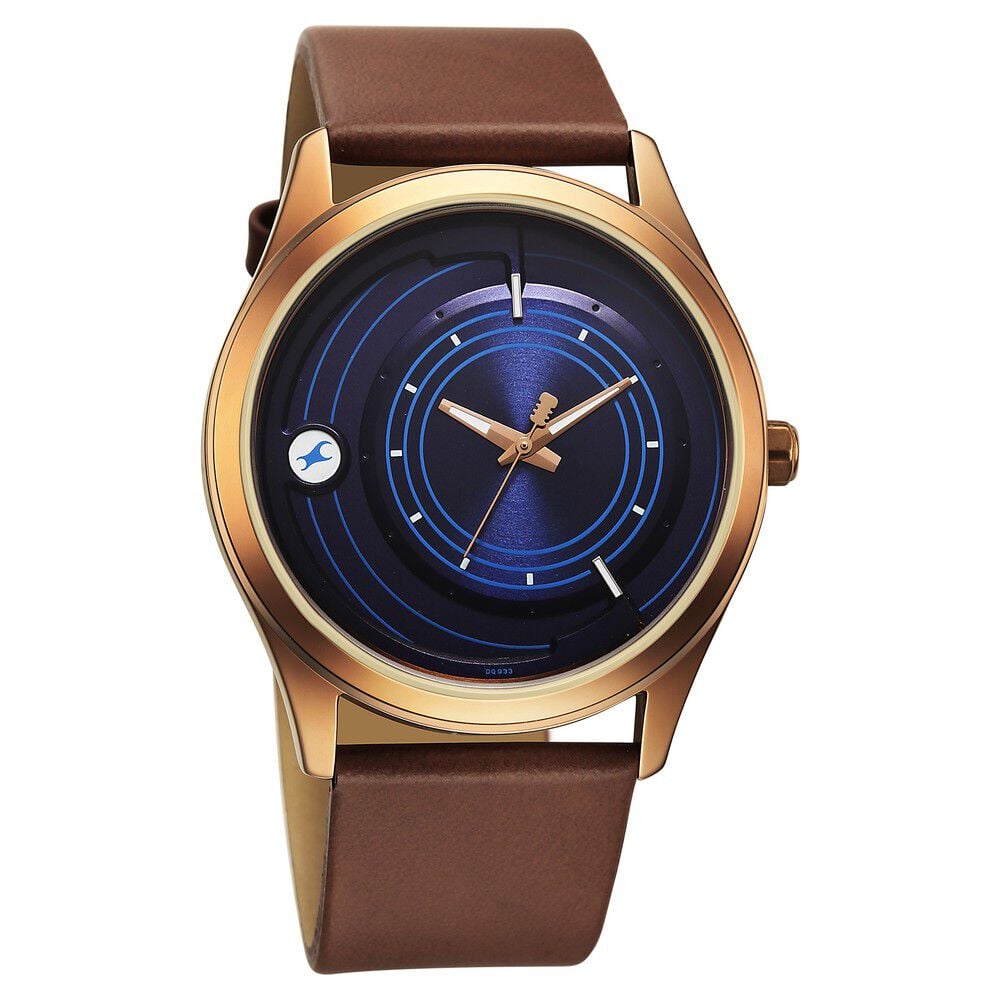 Fastrack Groove Quartz Analog Blue Dial Brown Leather Strap Watch For Guys