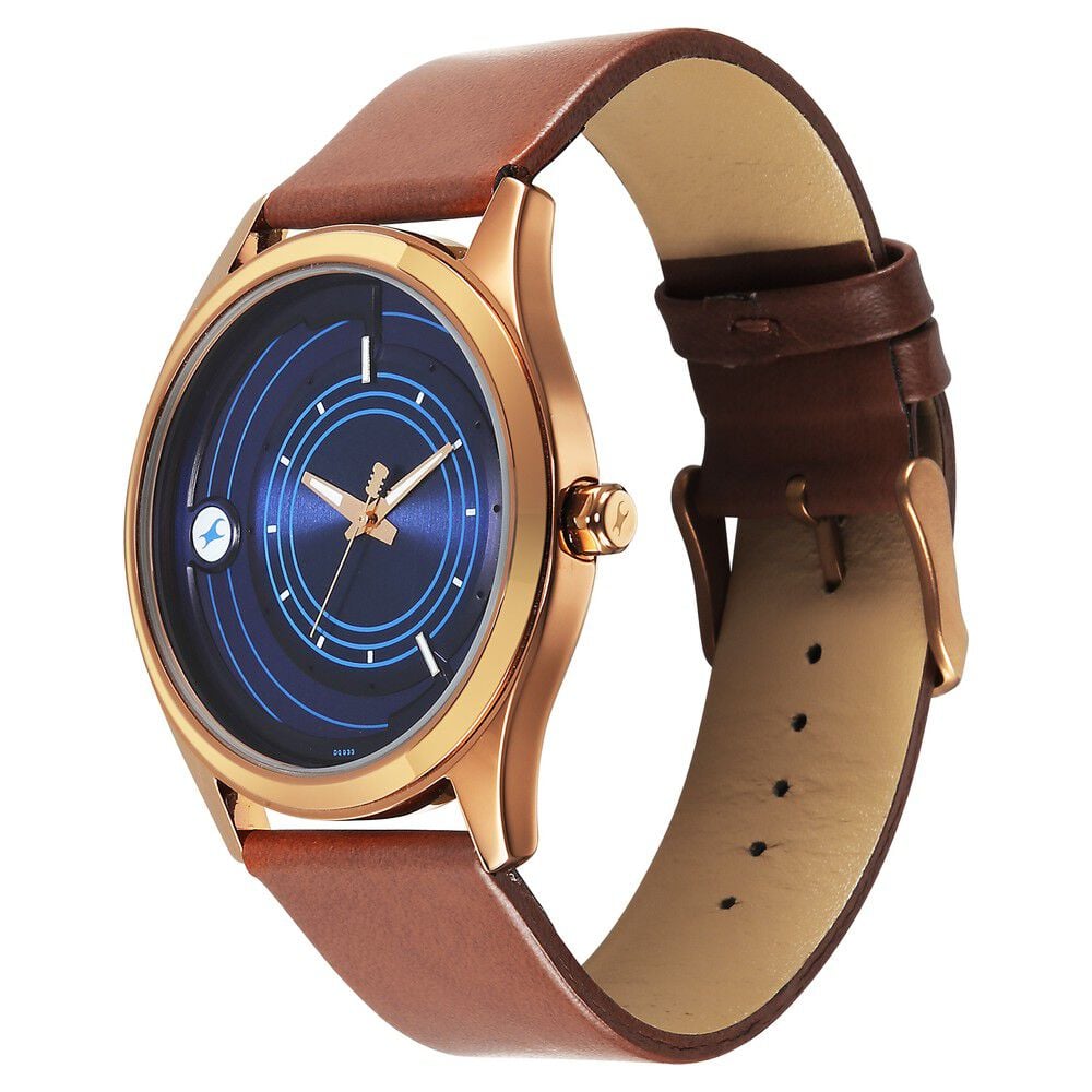 Fastrack Groove Quartz Analog Blue Dial Brown Leather Strap Watch For Guys
