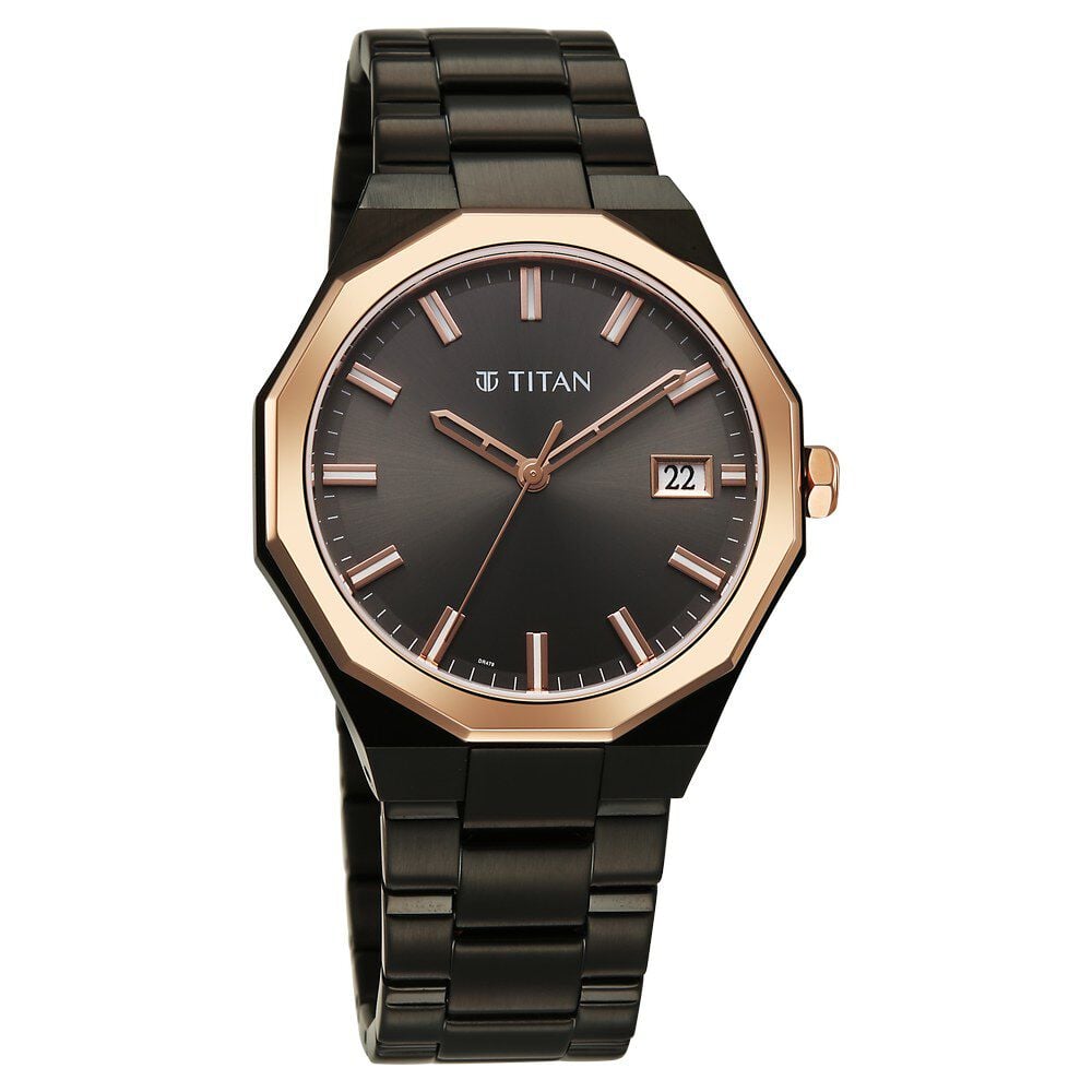 Titan Regalia Dodecagon Quartz Analog with Date Grey Dial Black Stainless Steel Strap Watch For Men