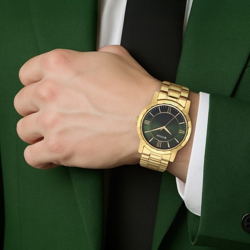 Titan Karishma Zing Quartz Analog Green Dial Golden Stainless Steel Strap Watch For Men
