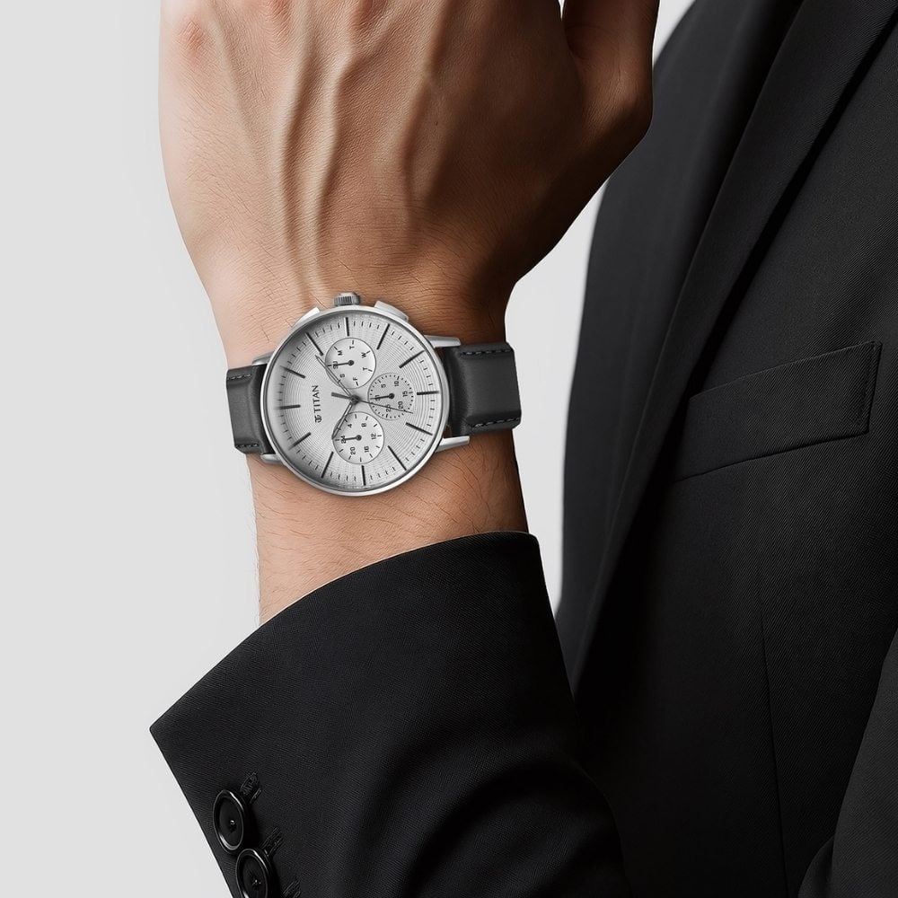 Titan Light leathers Multifunction Silver Dial Leather Strap Watch For Men