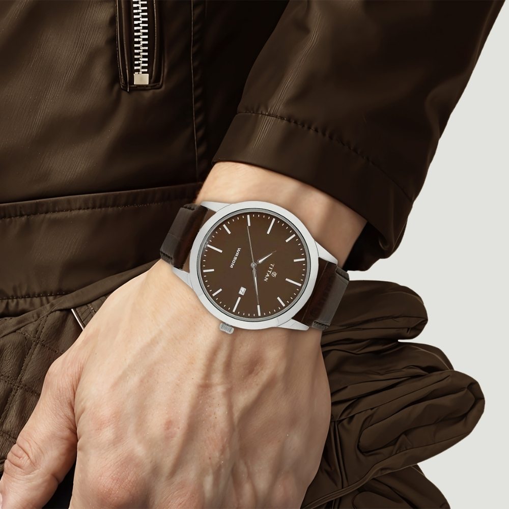 Titan Quartz Analog with Date Brown Dial Leather Strap Watch for Men