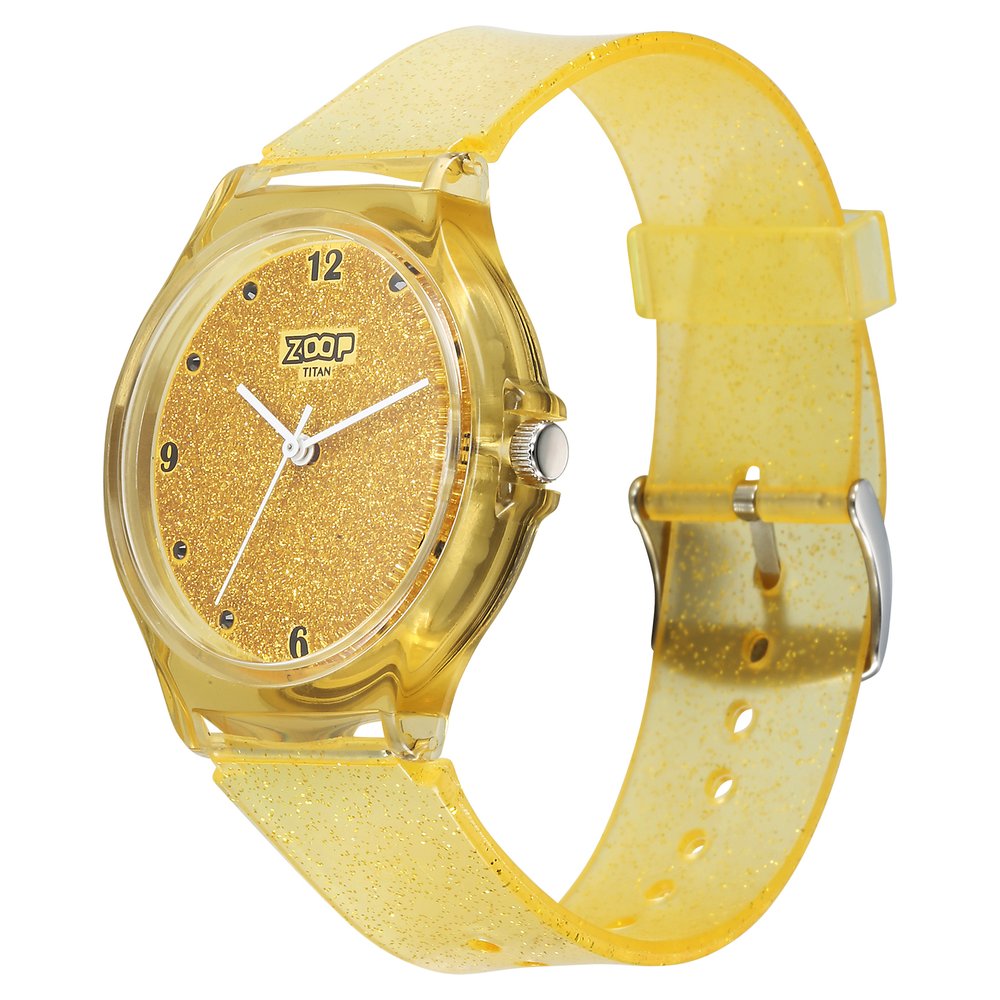 Zoop Glitter Analog Watch with Yellow Dial & Yellow Strap for Girls Kids, from House of Titan