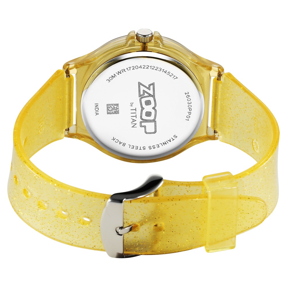 Zoop Glitter Analog Watch with Yellow Dial & Yellow Strap for Girls Kids, from House of Titan