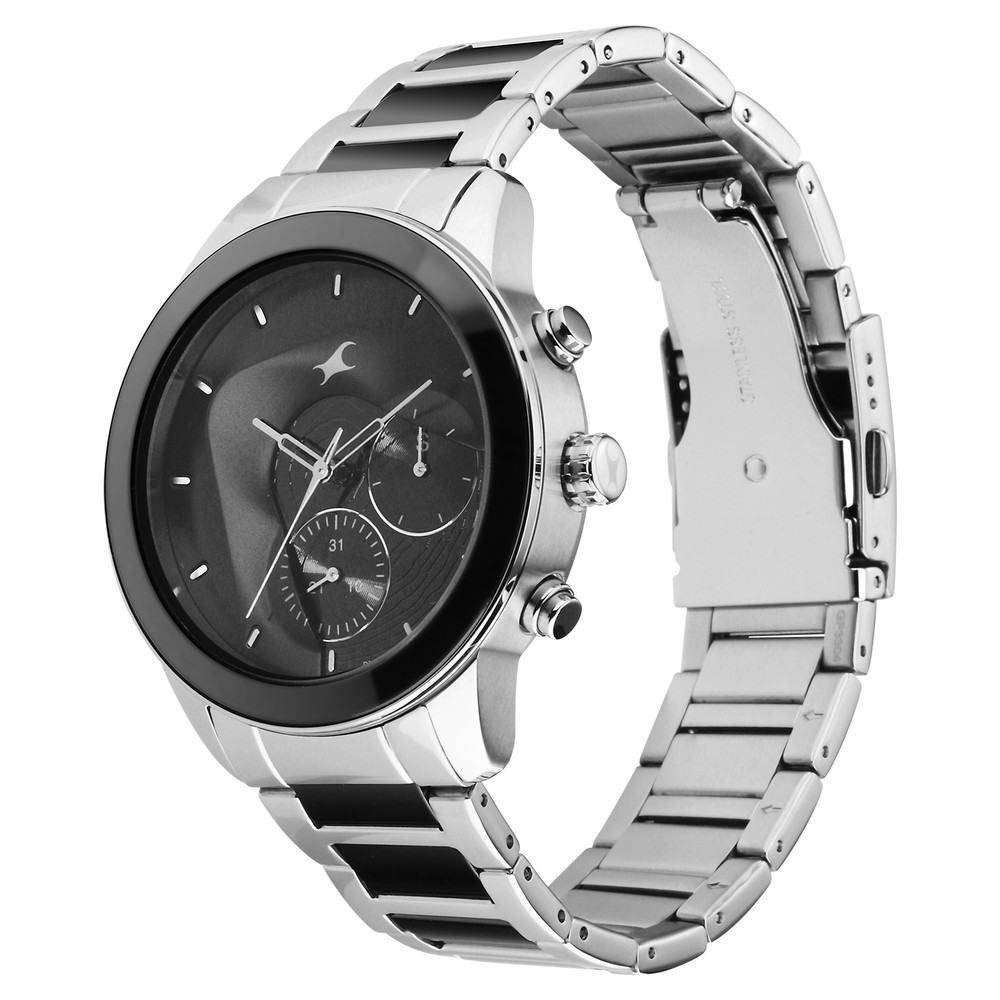 Fastrack Cerame Quartz Multifunction Black Dial Steel & Ceramic Strap Watch for Guys