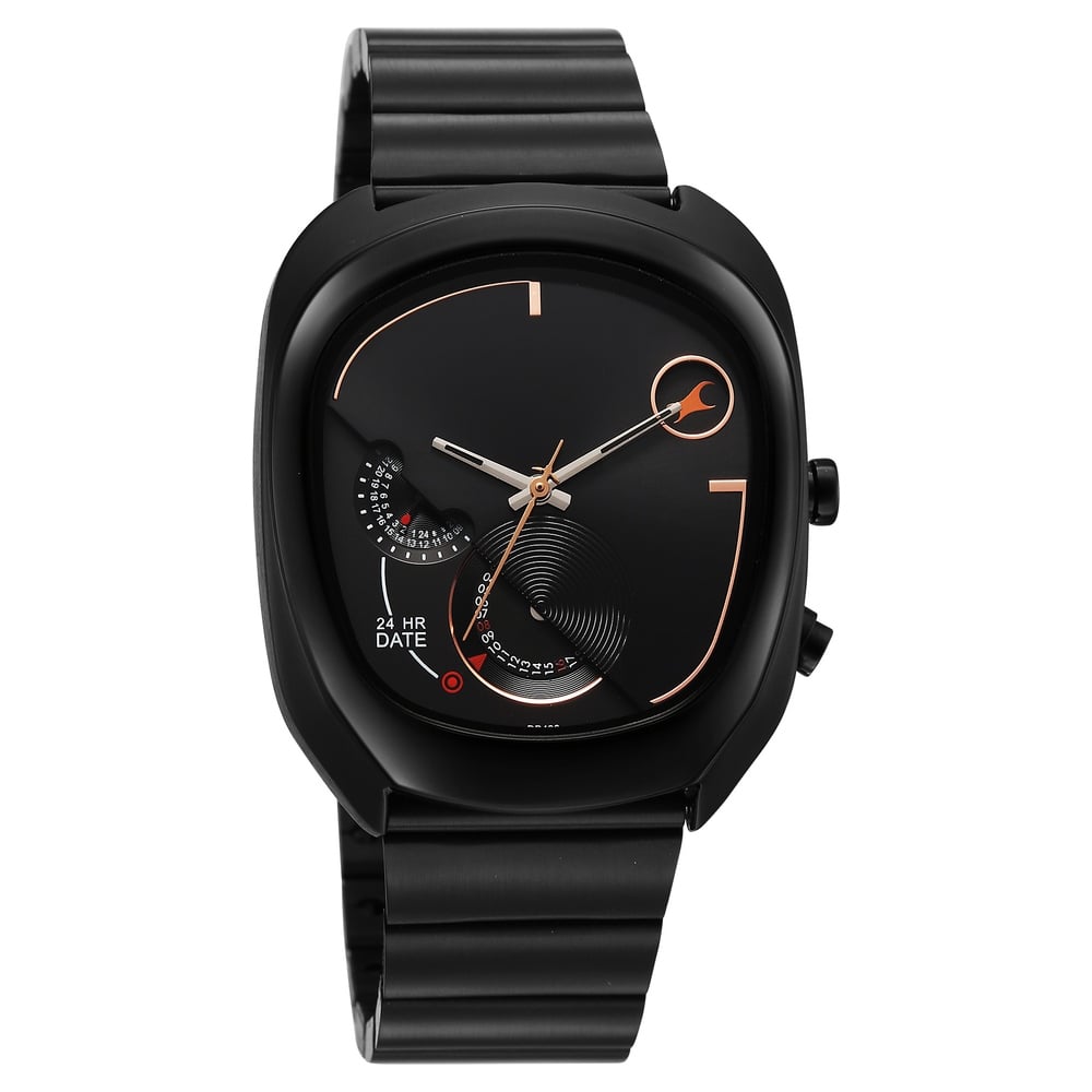 Fastrack UFO Quartz Multifunction Black Dial Black Stainless Steel Strap Watch For Guys