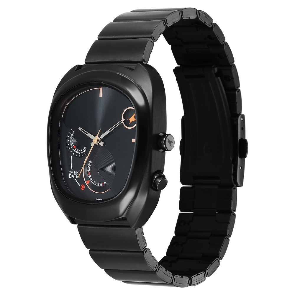 Fastrack UFO Quartz Multifunction Black Dial Black Stainless Steel Strap Watch For Guys