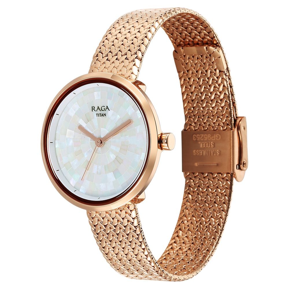 Titan Raga Memoirs Quartz Analog Mother Of Pearl Round Dial Rose Gold Metal Strap Watch For Women