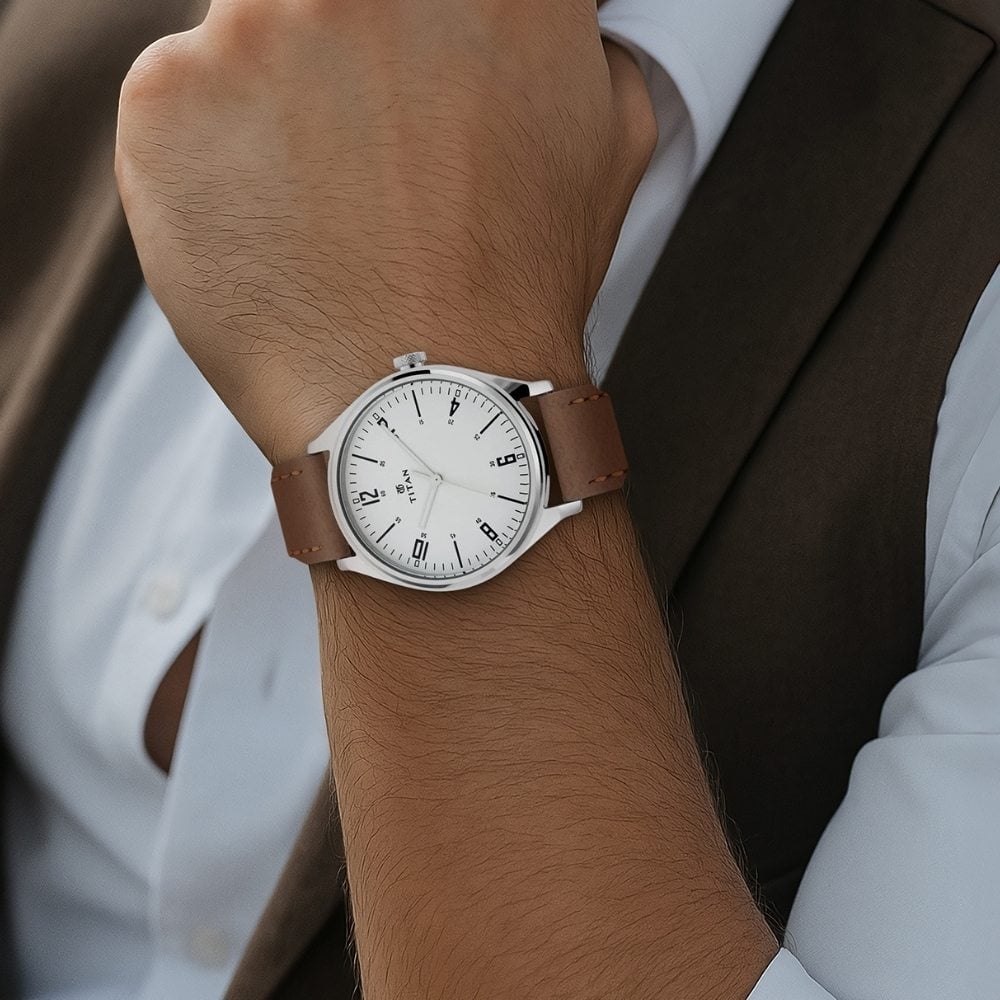 Titan Men's Urban Edge Lustrous Silver Dial Leather Watch