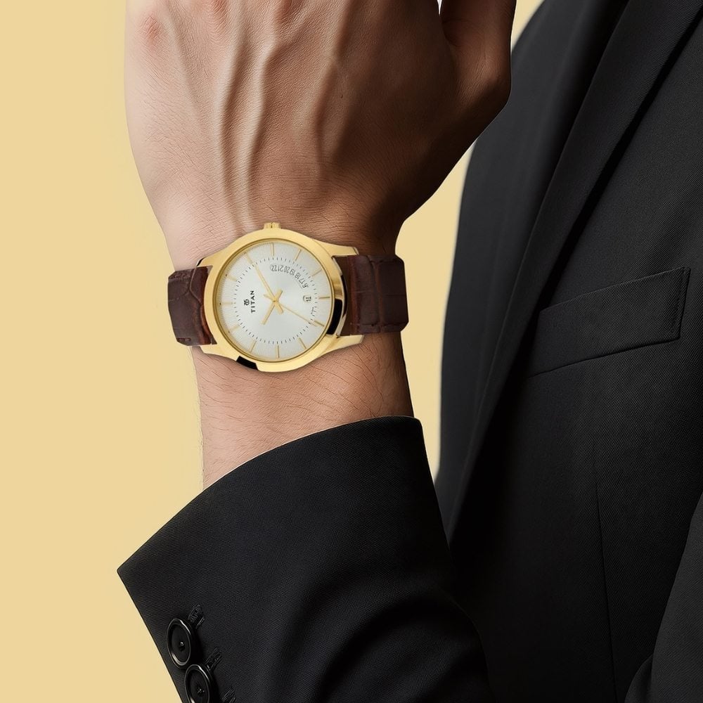 Titan Quartz Analog with Date Silver Dial Leather Strap Watch for Men