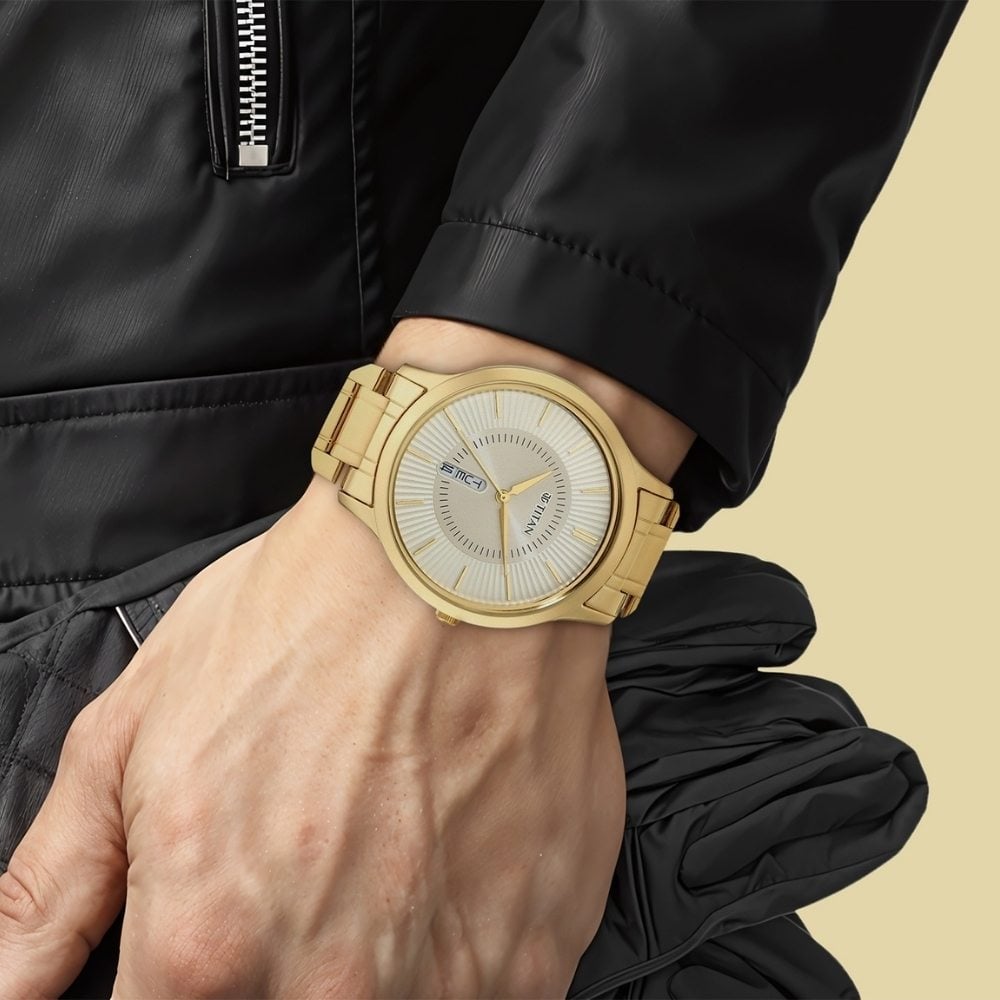 Titan Quartz Analog with Day and Date Yellow Dial Metal Strap Watch for Men