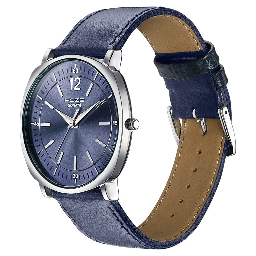Sonata Poze Quartz Analog Blue Dial Blue Leather Strap Watch For Men