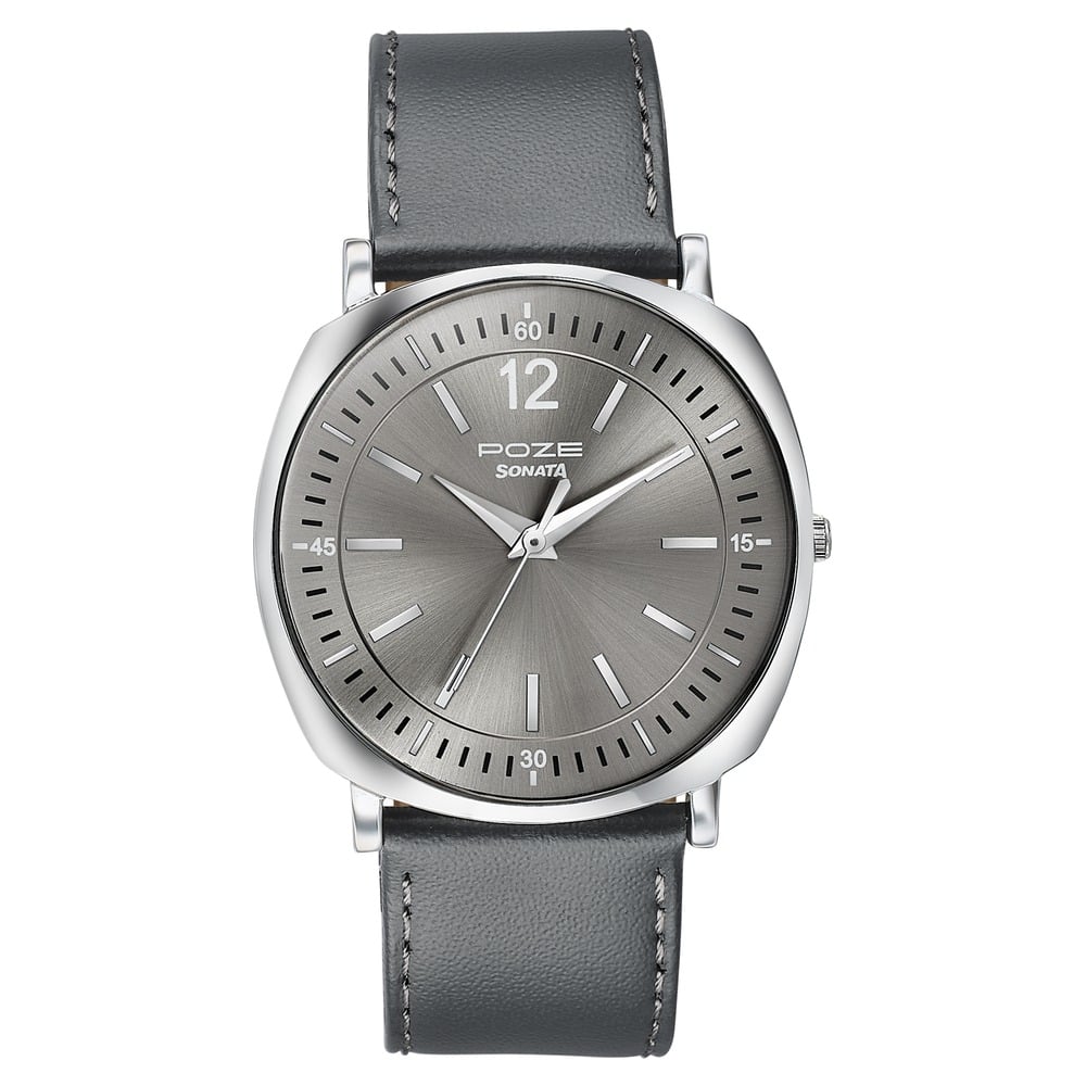 Sonata Poze Quartz Analog Grey Dial Grey Leather Strap Watch For Men