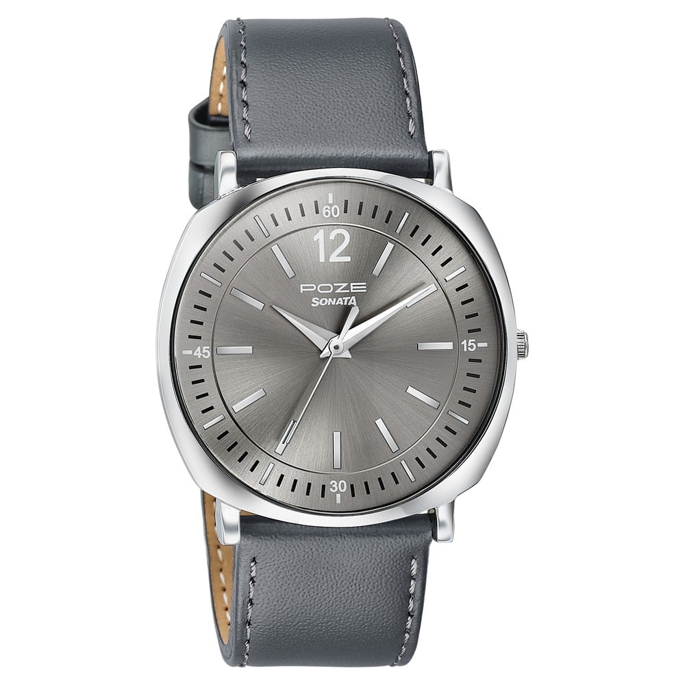 Sonata Poze Quartz Analog Grey Dial Grey Leather Strap Watch For Men