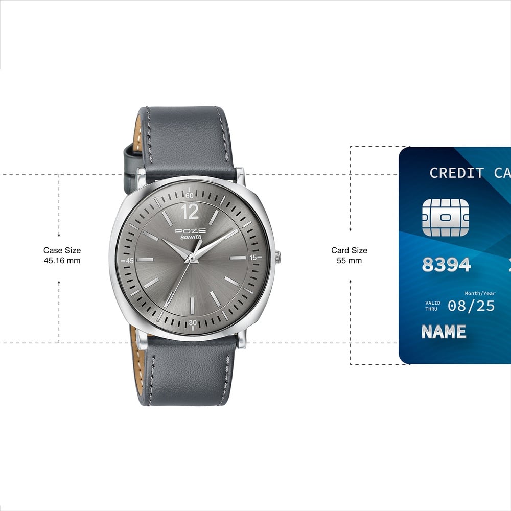 Sonata Poze Quartz Analog Grey Dial Grey Leather Strap Watch For Men