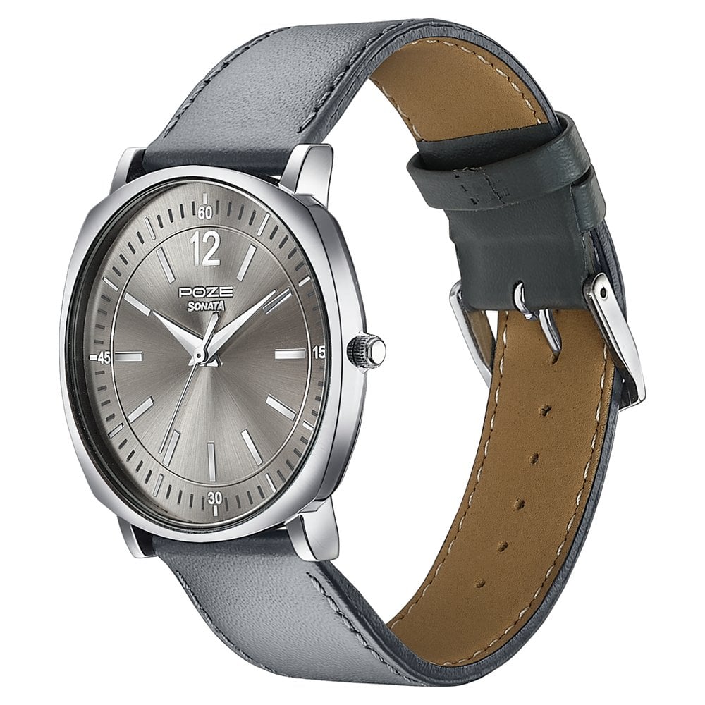 Sonata Poze Quartz Analog Grey Dial Grey Leather Strap Watch For Men