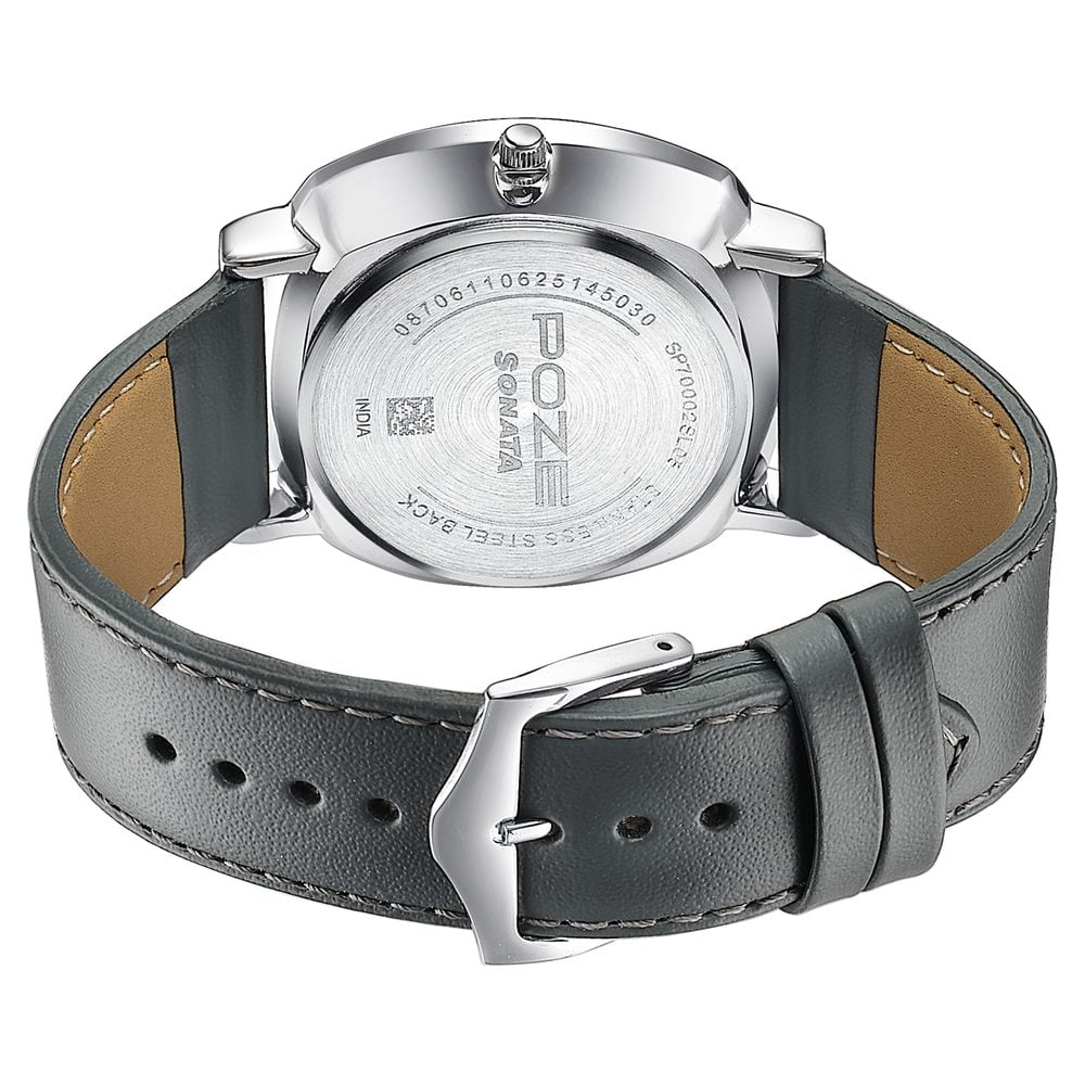 Sonata Poze Quartz Analog Grey Dial Grey Leather Strap Watch For Men