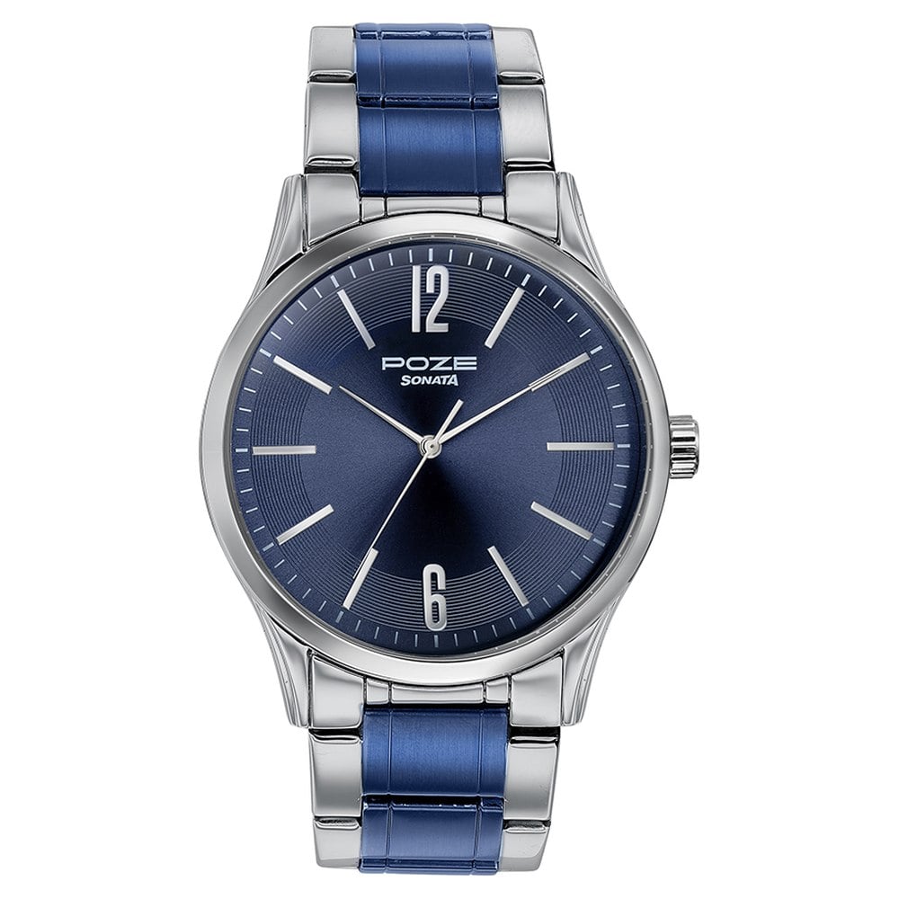 Sonata Poze Quartz Analog Blue Dial Metal Strap Watch for Men