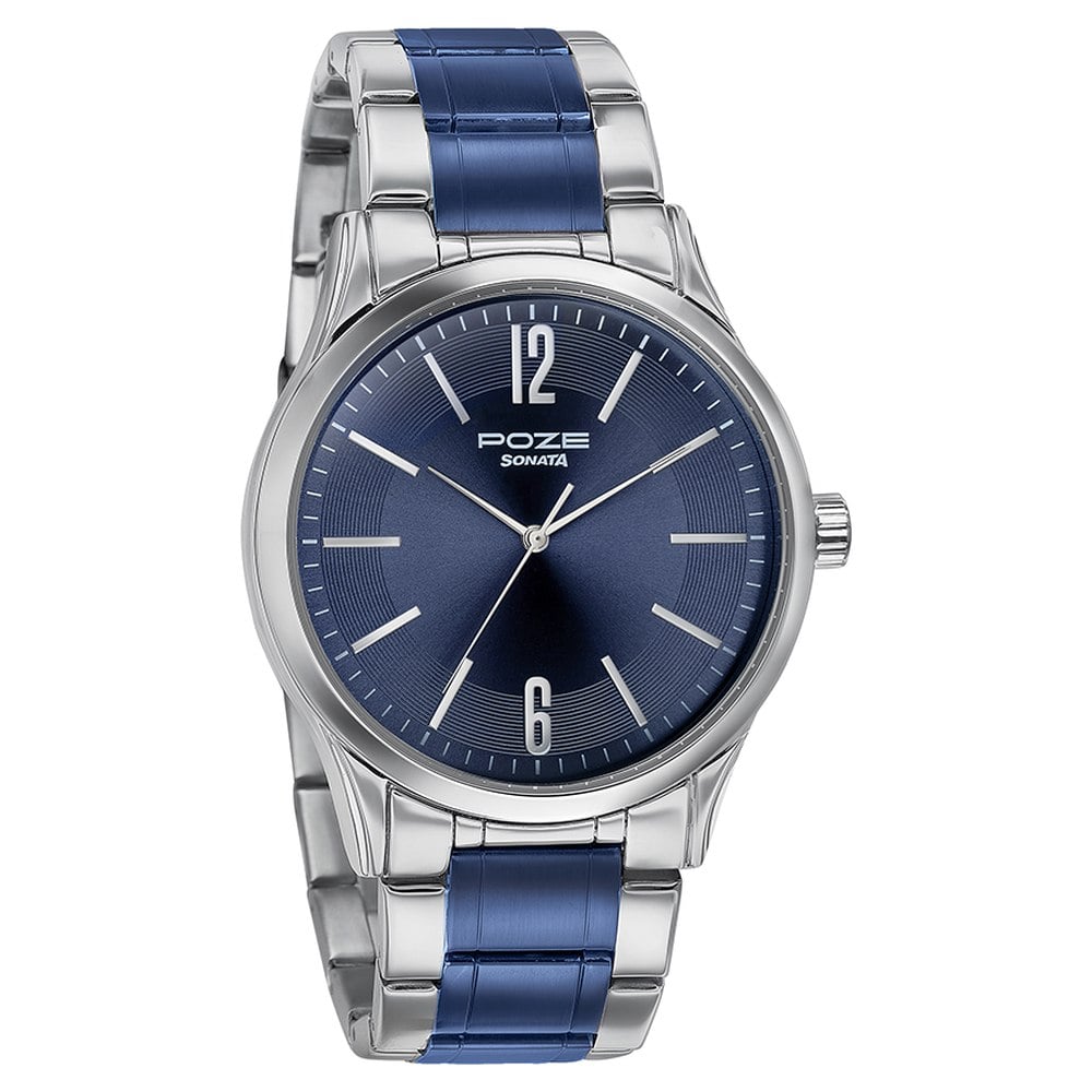 Sonata Poze Quartz Analog Blue Dial Metal Strap Watch for Men