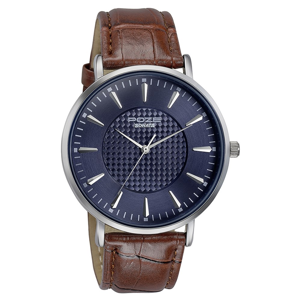 Sonata Poze Quartz Analog Blue Dial Leather Strap Watch for Men