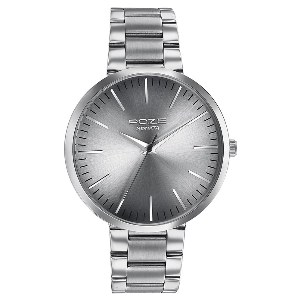 Sonata Poze Quartz Analog Grey Dial Metal Strap Watch for Men