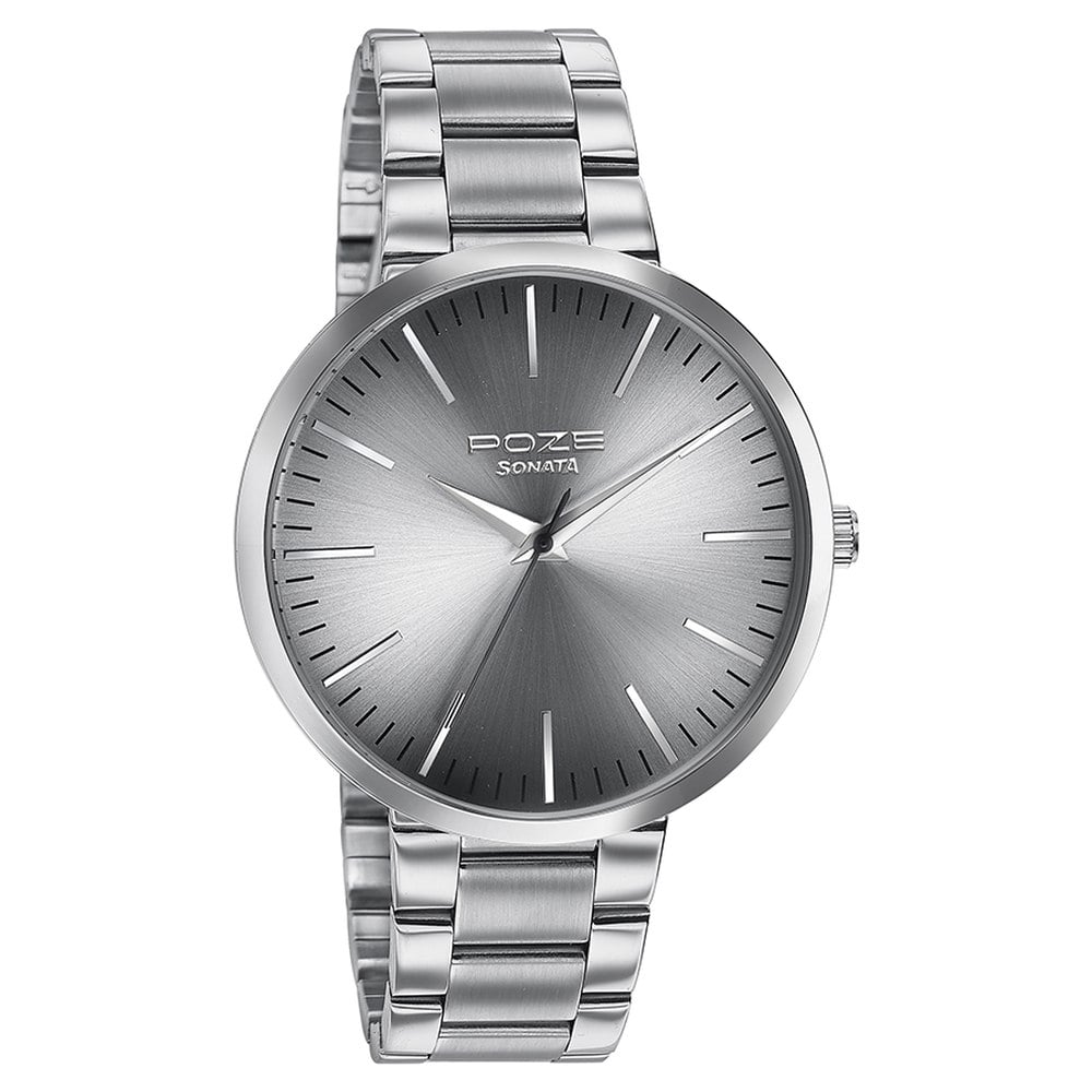 Sonata Poze Quartz Analog Grey Dial Metal Strap Watch for Men