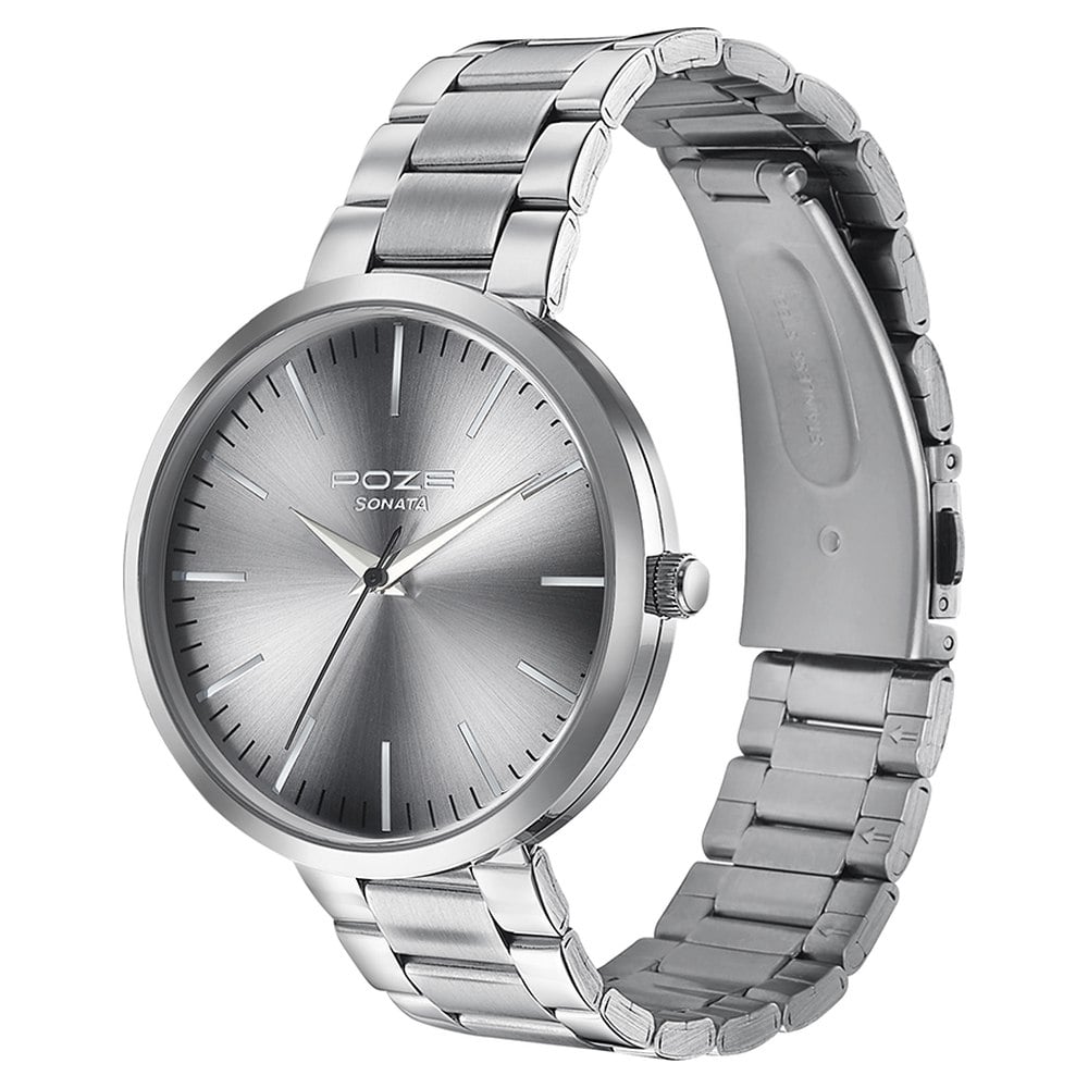 Sonata Poze Quartz Analog Grey Dial Metal Strap Watch for Men