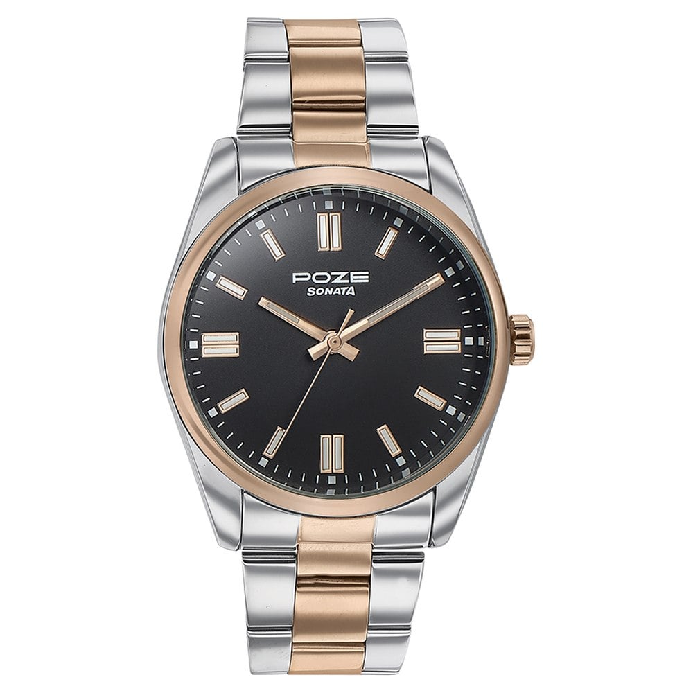 Sonata Poze Quartz Analog Black Dial Metal Strap Watch for Men