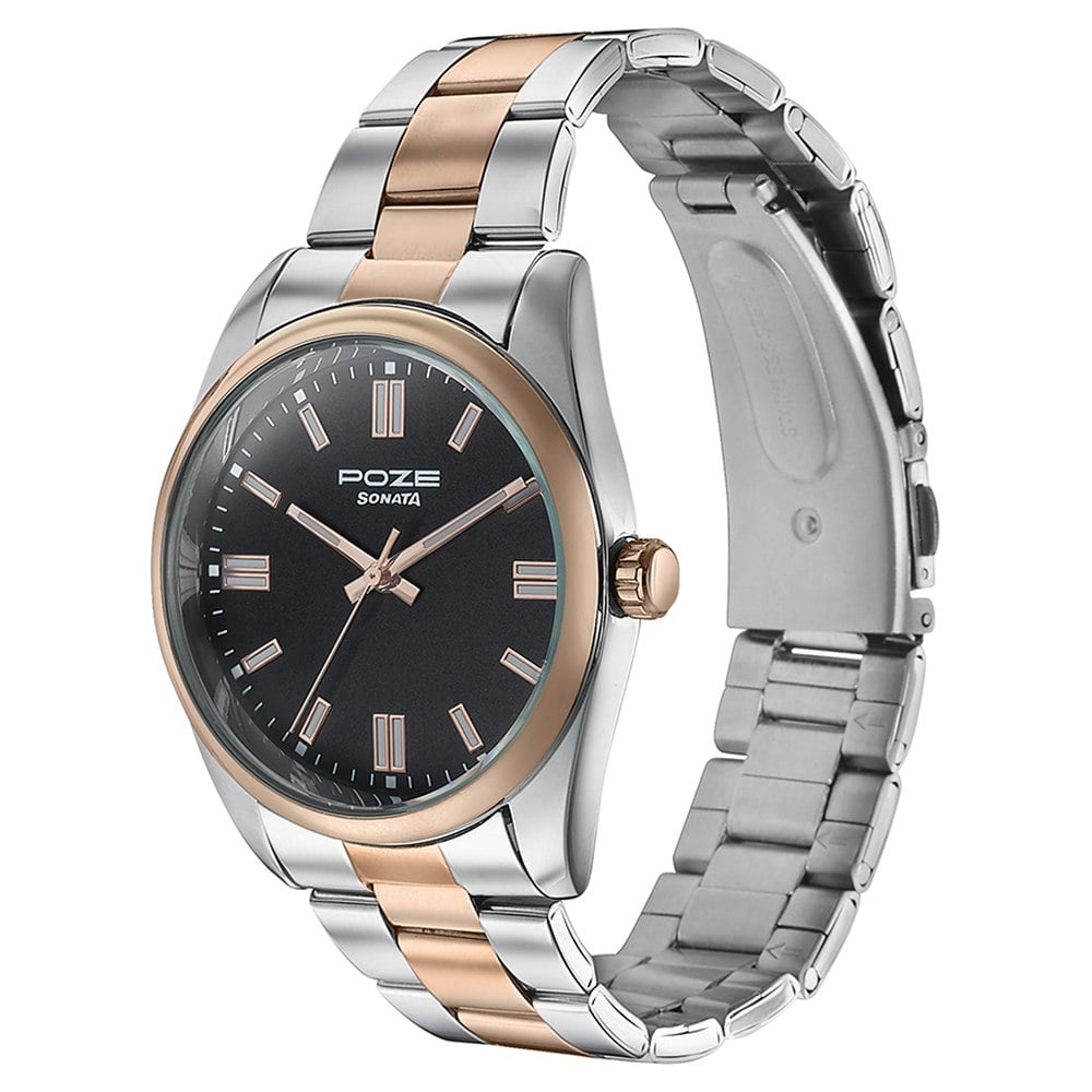 Sonata Poze Quartz Analog Black Dial Metal Strap Watch for Men