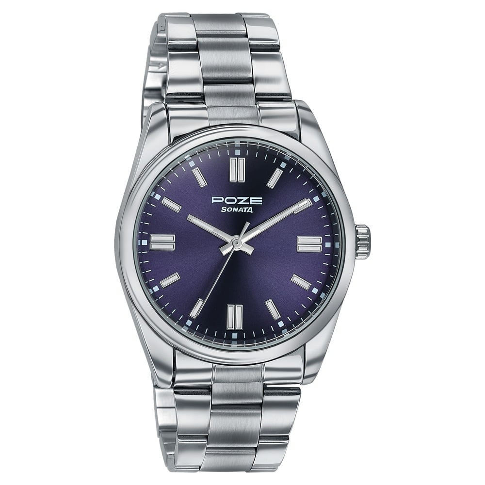 Sonata Poze Quartz Analog Blue Dial Silver Stainless Steel Strap Watch For Men