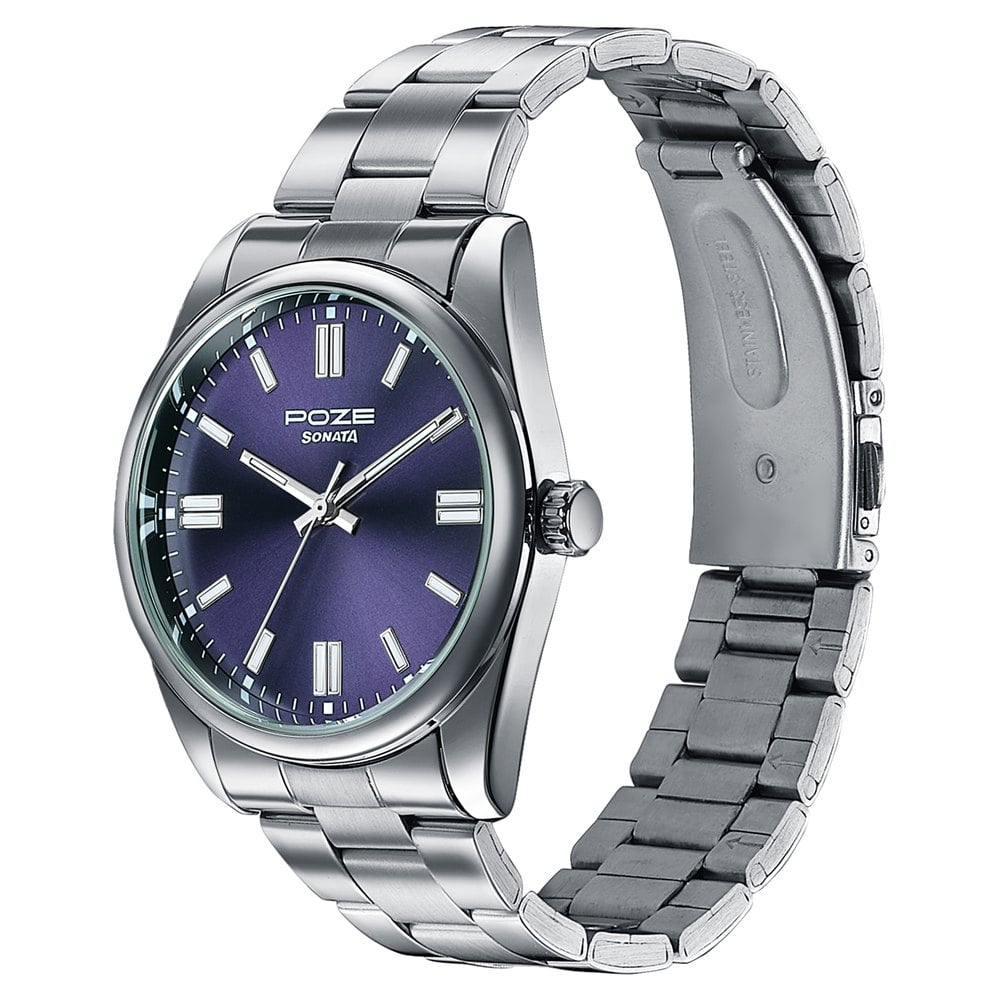 Sonata Poze Quartz Analog Blue Dial Silver Stainless Steel Strap Watch For Men