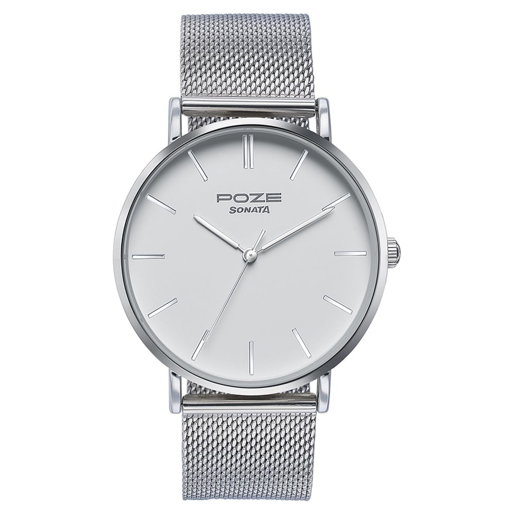 Sonata Poze Quartz Analog White Dial Silver Metal Strap Watch For Men