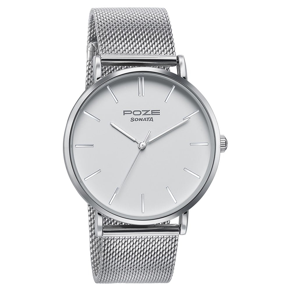 Sonata Poze Quartz Analog White Dial Silver Metal Strap Watch For Men
