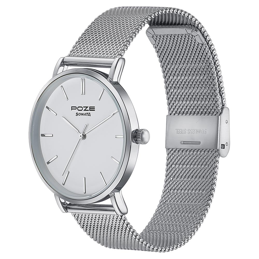 Sonata Poze Quartz Analog White Dial Silver Metal Strap Watch For Men
