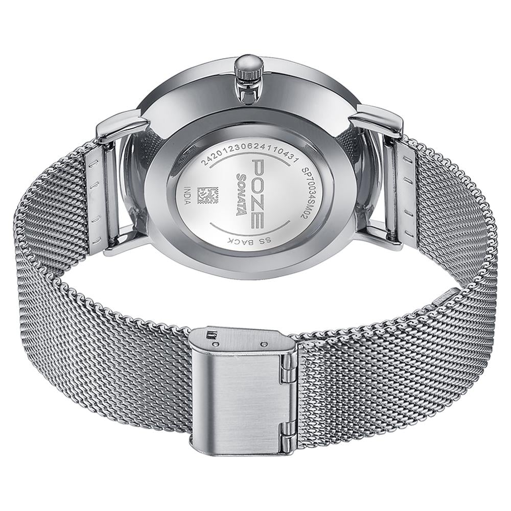 Sonata Poze Quartz Analog White Dial Silver Metal Strap Watch For Men