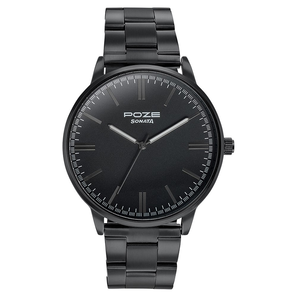 Sonata Poze Quartz Analog Black Dial Metal Strap Watch for Men