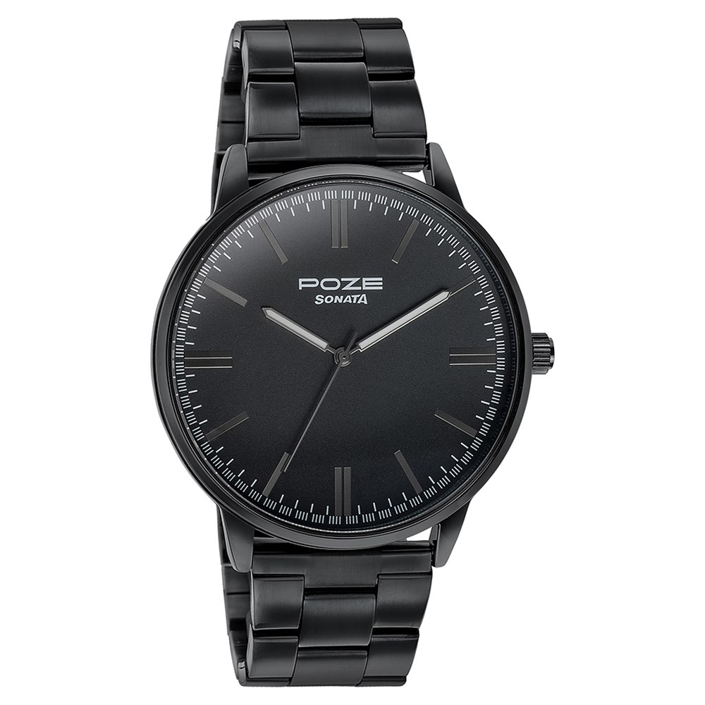 Sonata Poze Quartz Analog Black Dial Metal Strap Watch for Men