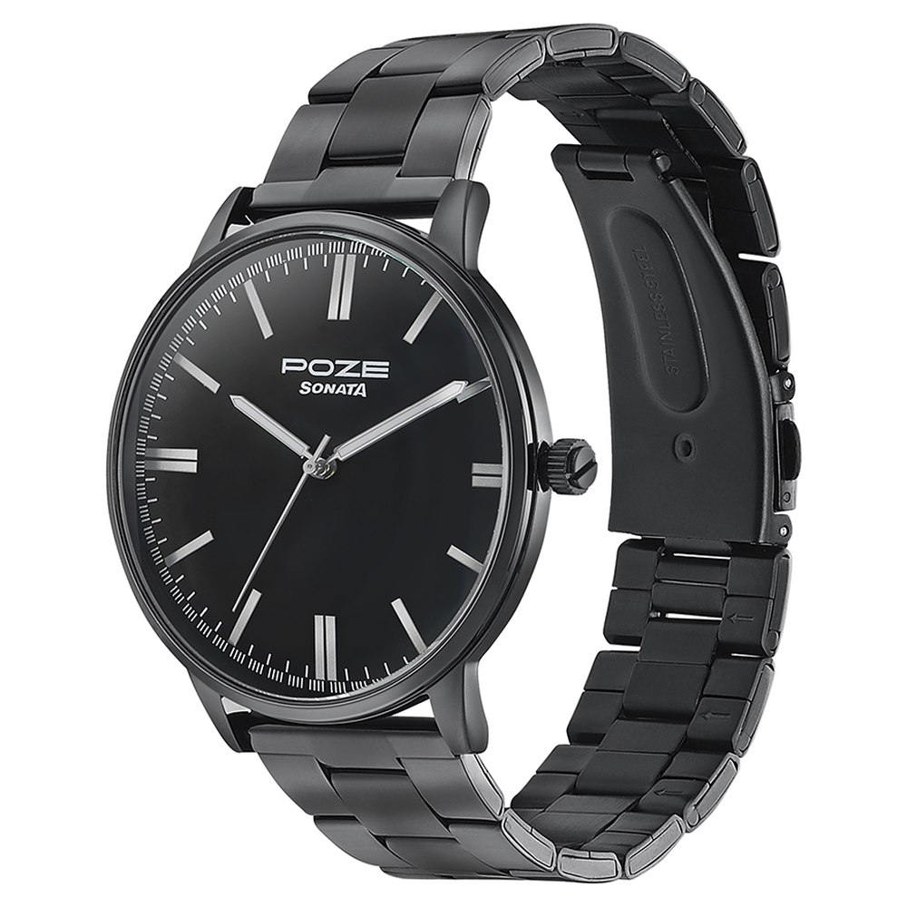 Sonata Poze Quartz Analog Black Dial Metal Strap Watch for Men