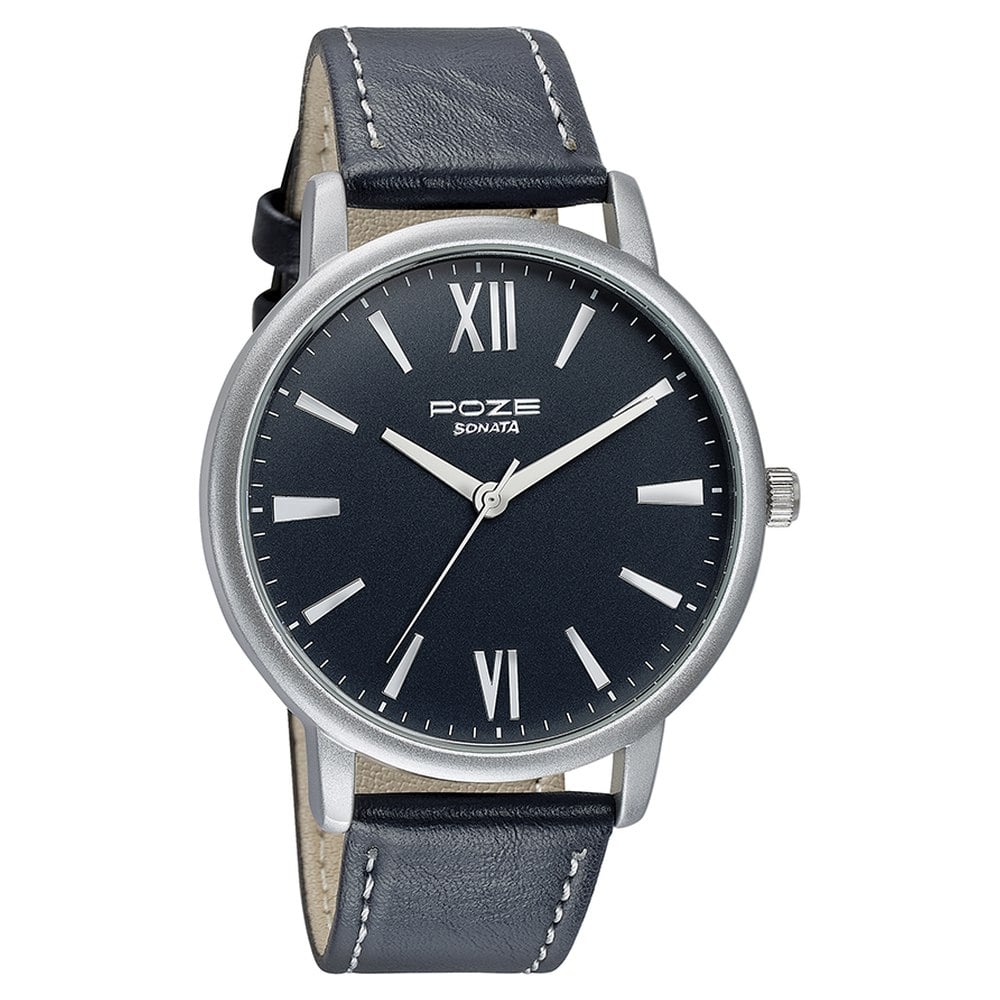 Sonata Poze Quartz Analog Black Dial Leather Strap Watch for Men
