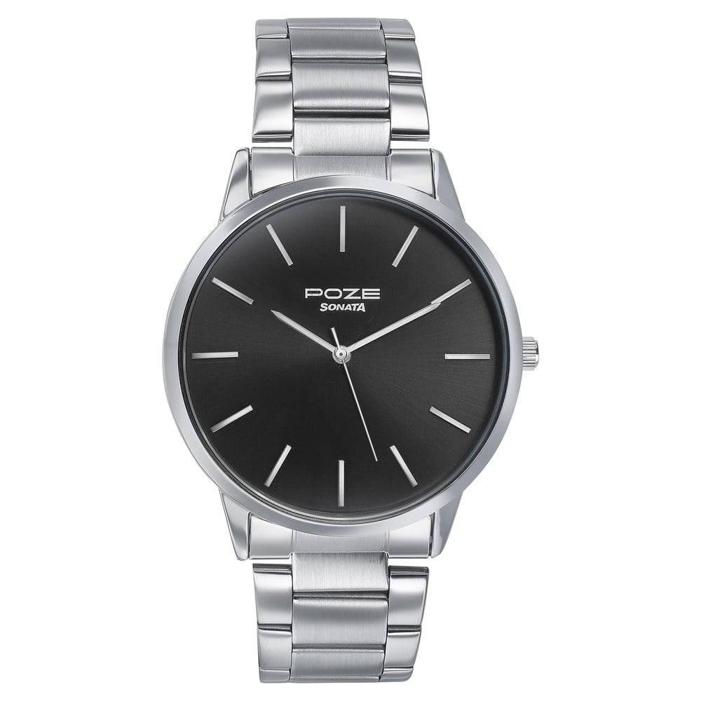 Sonata Poze Quartz Analog Black Dial Silver Color Stainless Steel Strap Watch For Men