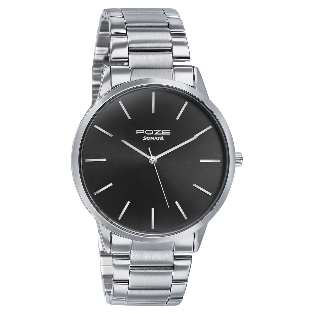 Sonata Poze Quartz Analog Black Dial Silver Color Stainless Steel Strap Watch For Men
