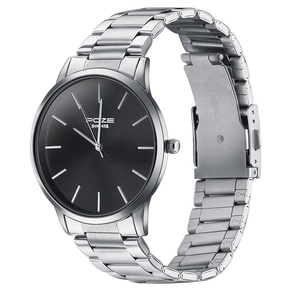 Sonata Poze Quartz Analog Black Dial Silver Color Stainless Steel Strap Watch For Men