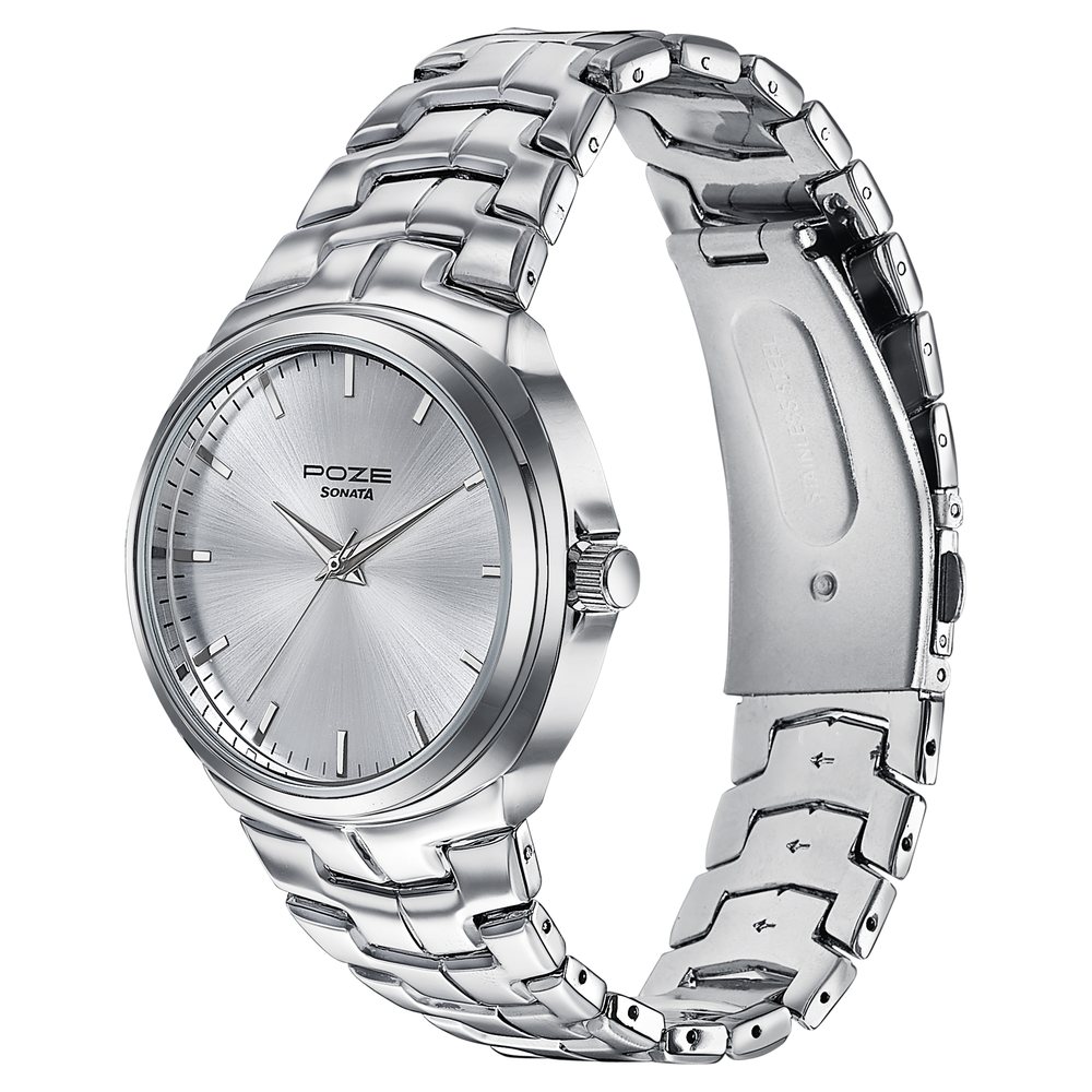 Sonata Poze Quartz Analog Silver Dial Metal Strap Watch For Men