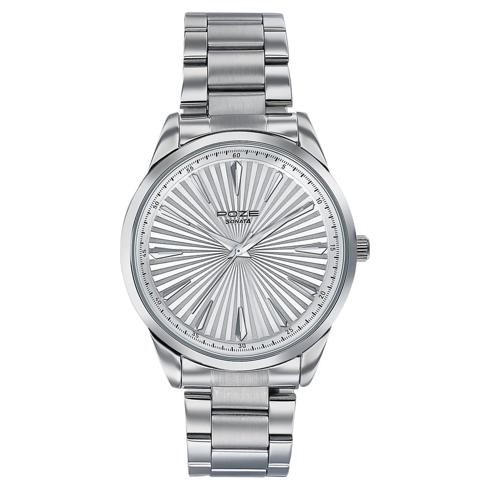 Sonata Poze Quartz Analog White Dial Metal Strap Watch For Men